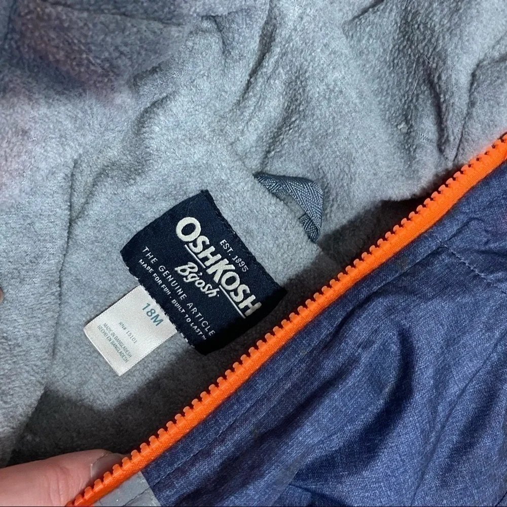 OshKosh B’gosh Light Jacket Fleece Lined 18 mos Hooded Blue Orange Full Zip Coat